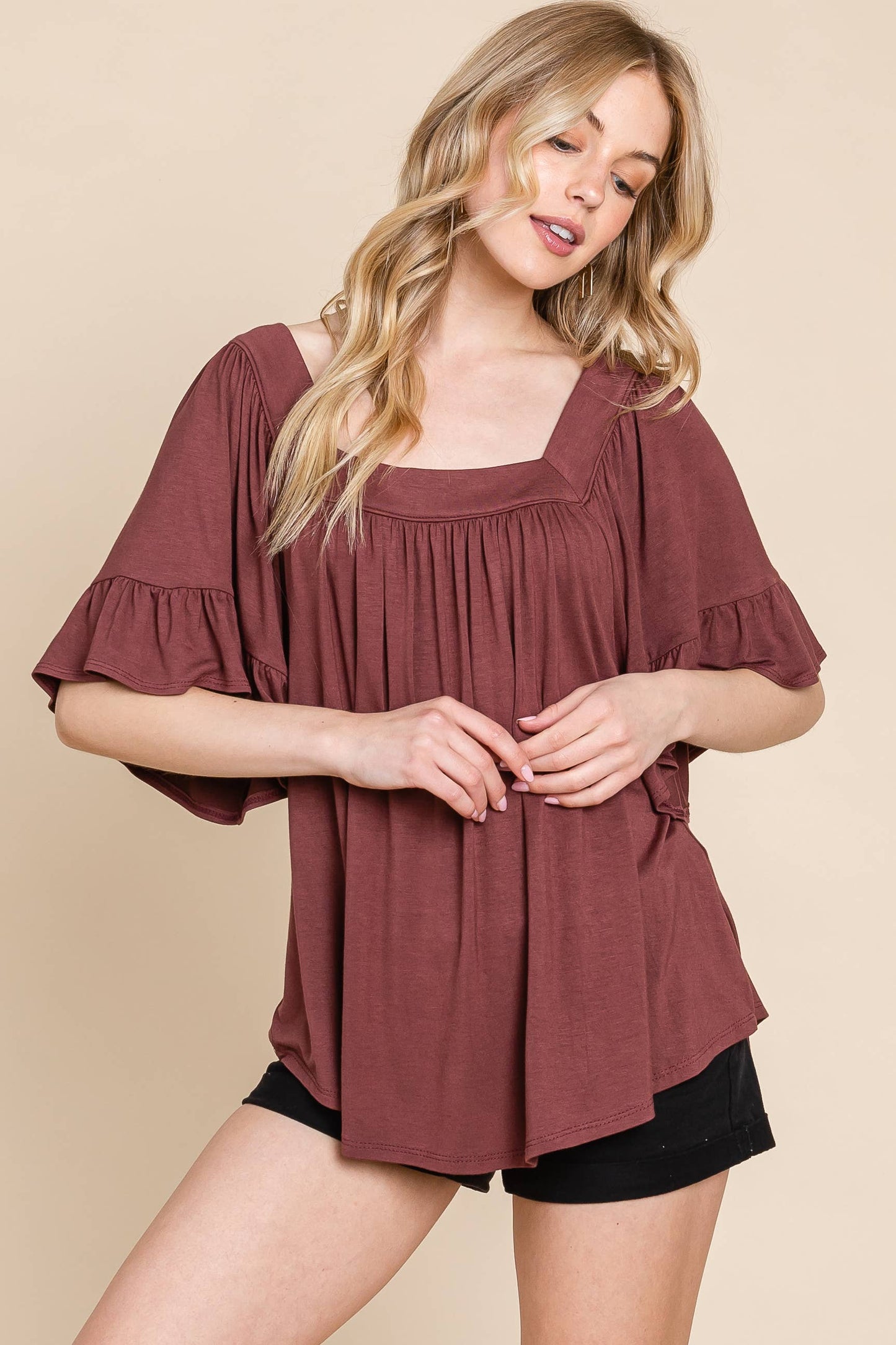 ETK-8833 Solid Bell Sleeve Jersey Top
