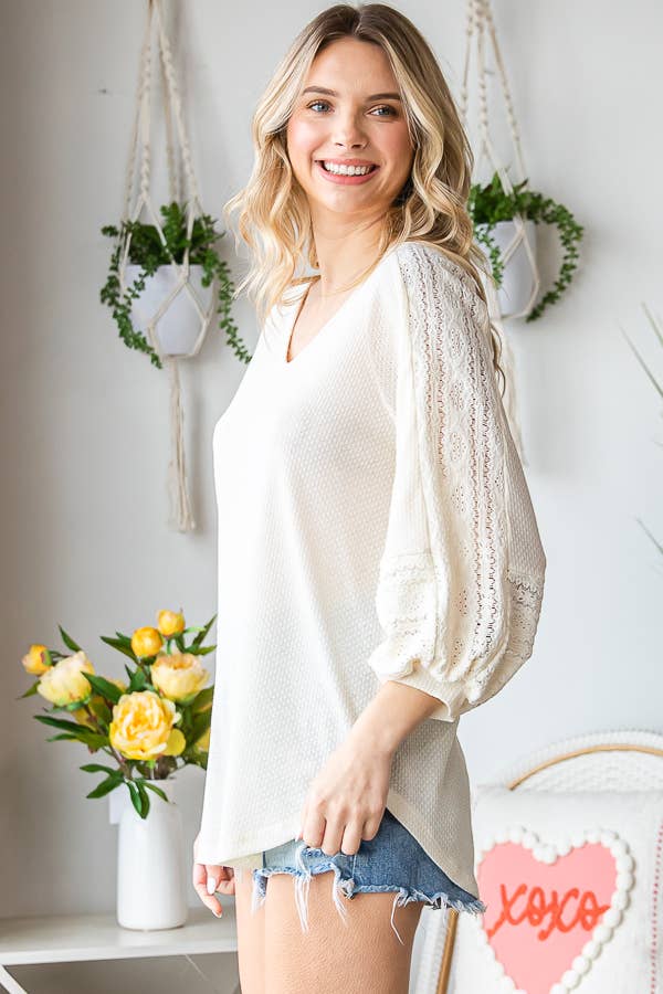Waffle Knit Lace Contrast V Neck Bishop Sleeve Top T5054