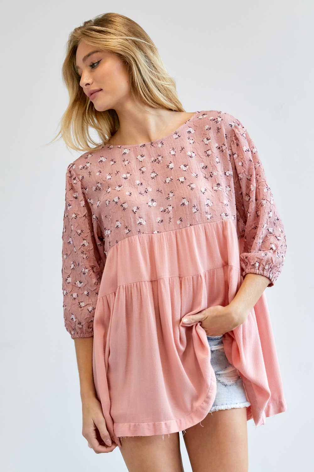 FLORAL PRINTED ROUND NECK 3/4 SLEEVE RUFFLE TOP