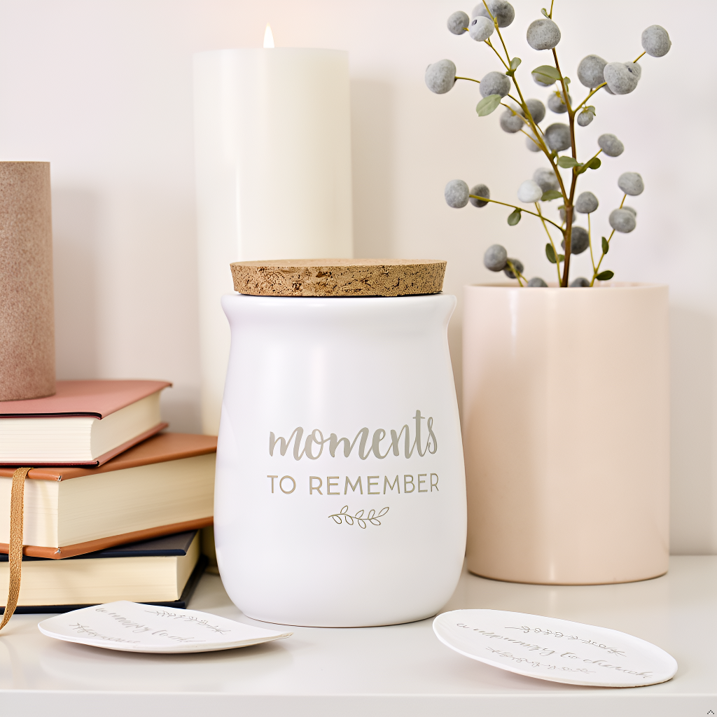 Ceramic Gratitude Blessings Jar & Memory Notecards, White