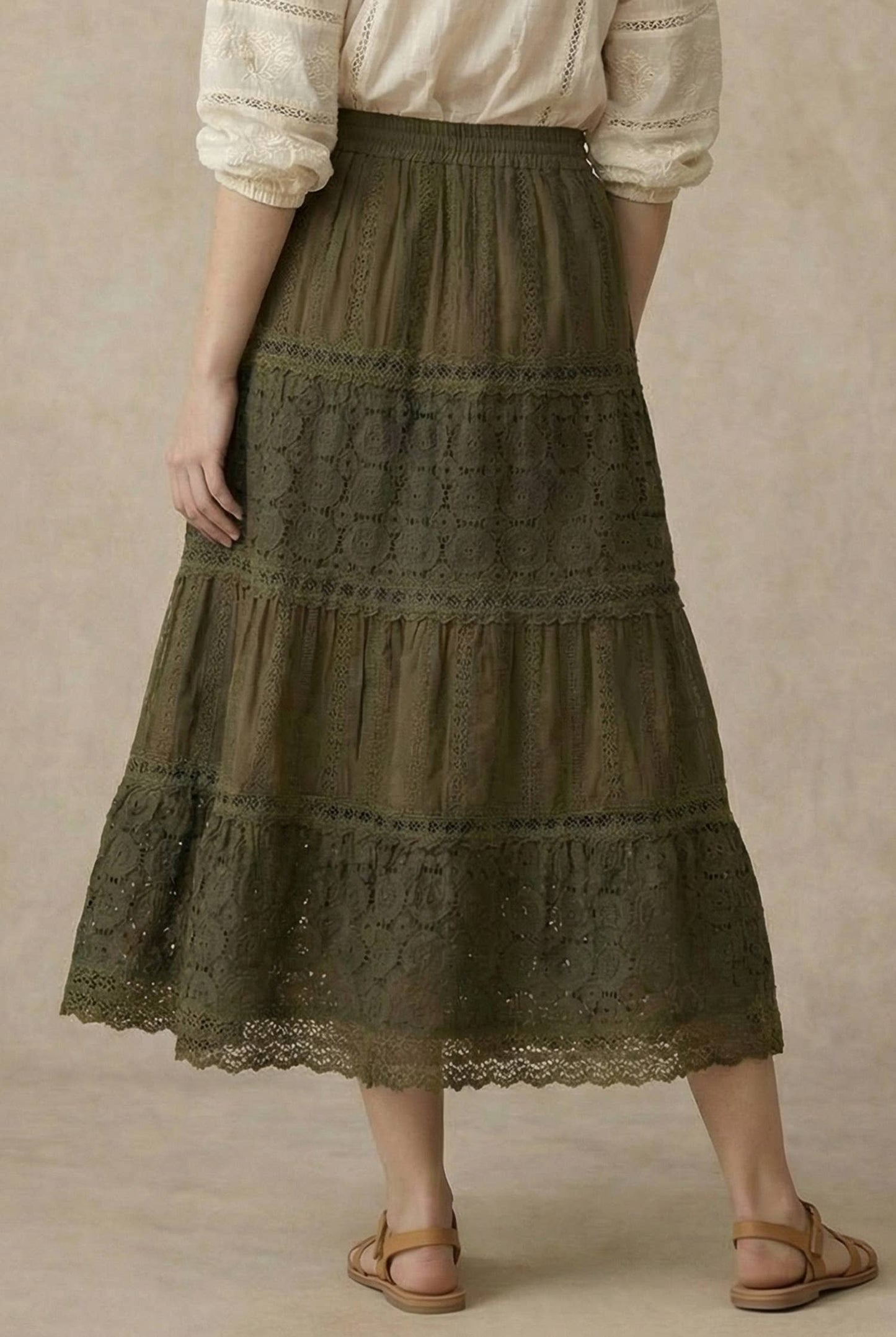 Elastic Waist Maxi Skirt with Lace Trim