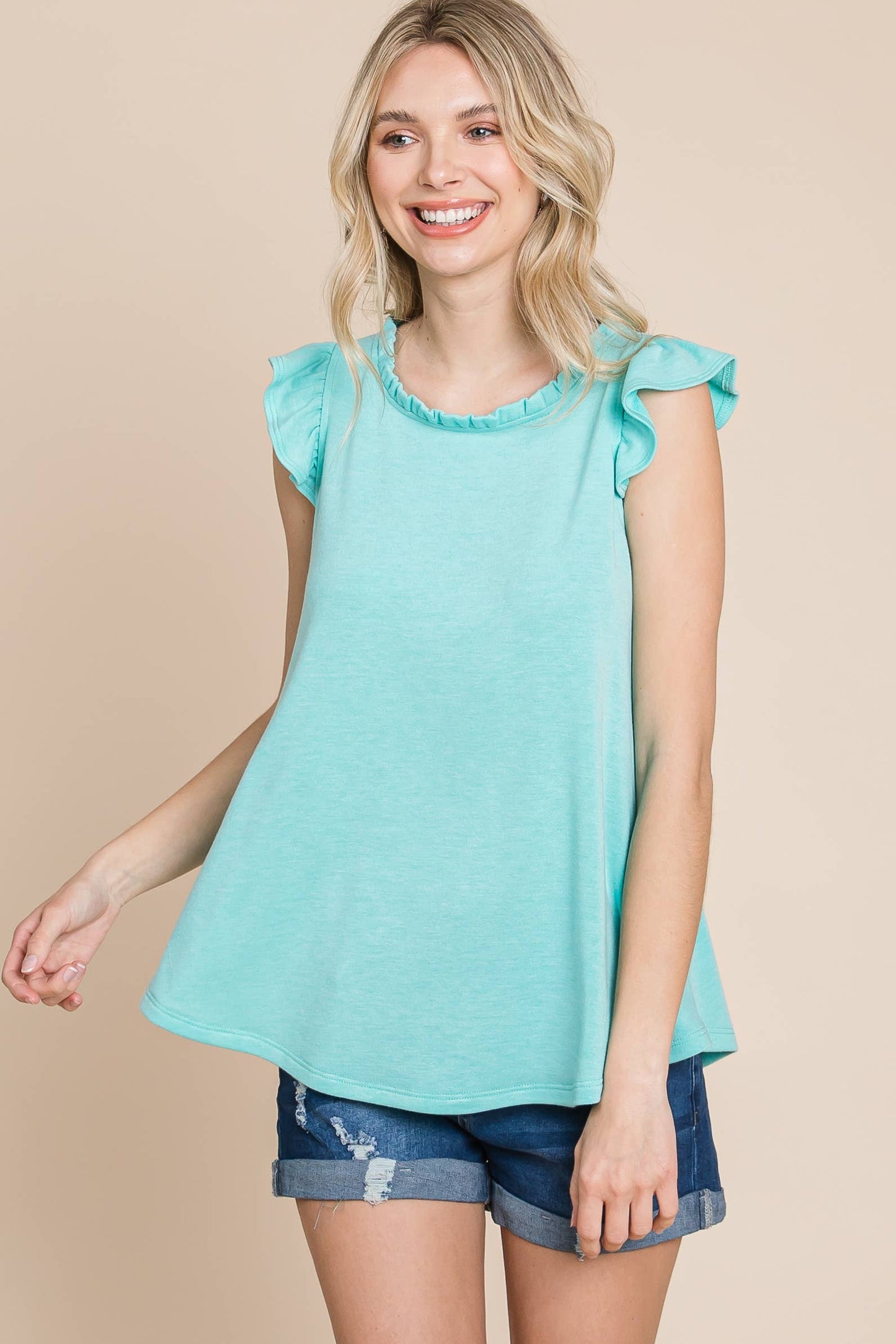 ETK-8735 Solid High Neck French Terry Top
