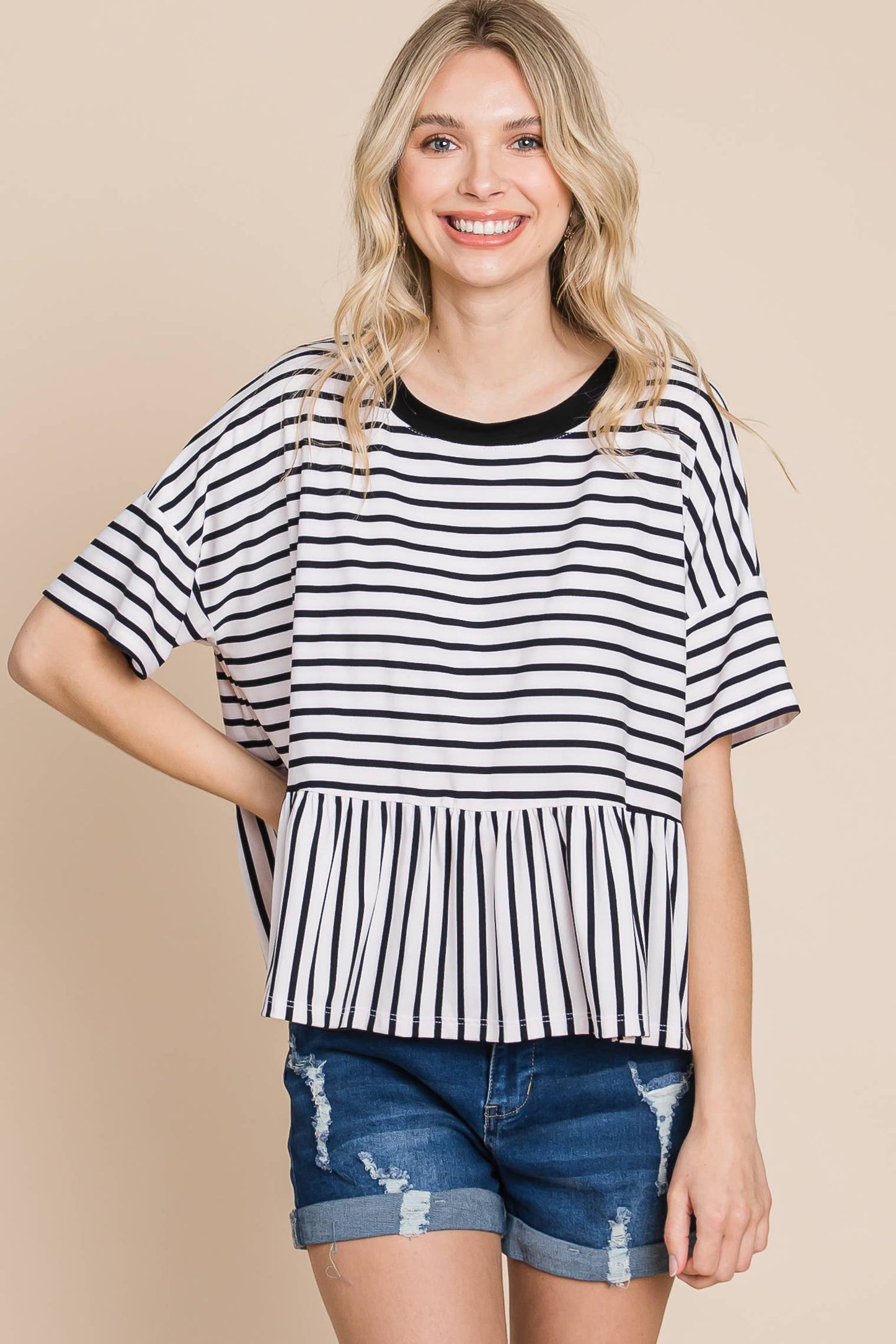 ETK-8772 Striped Babydoll Short Sleeve Top