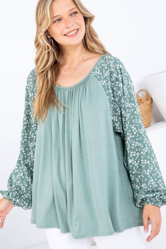 Solid and Woven Mixed Ruffle Top