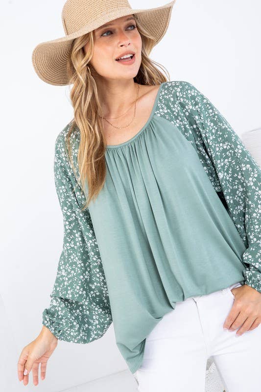 Solid and Woven Mixed Ruffle Top