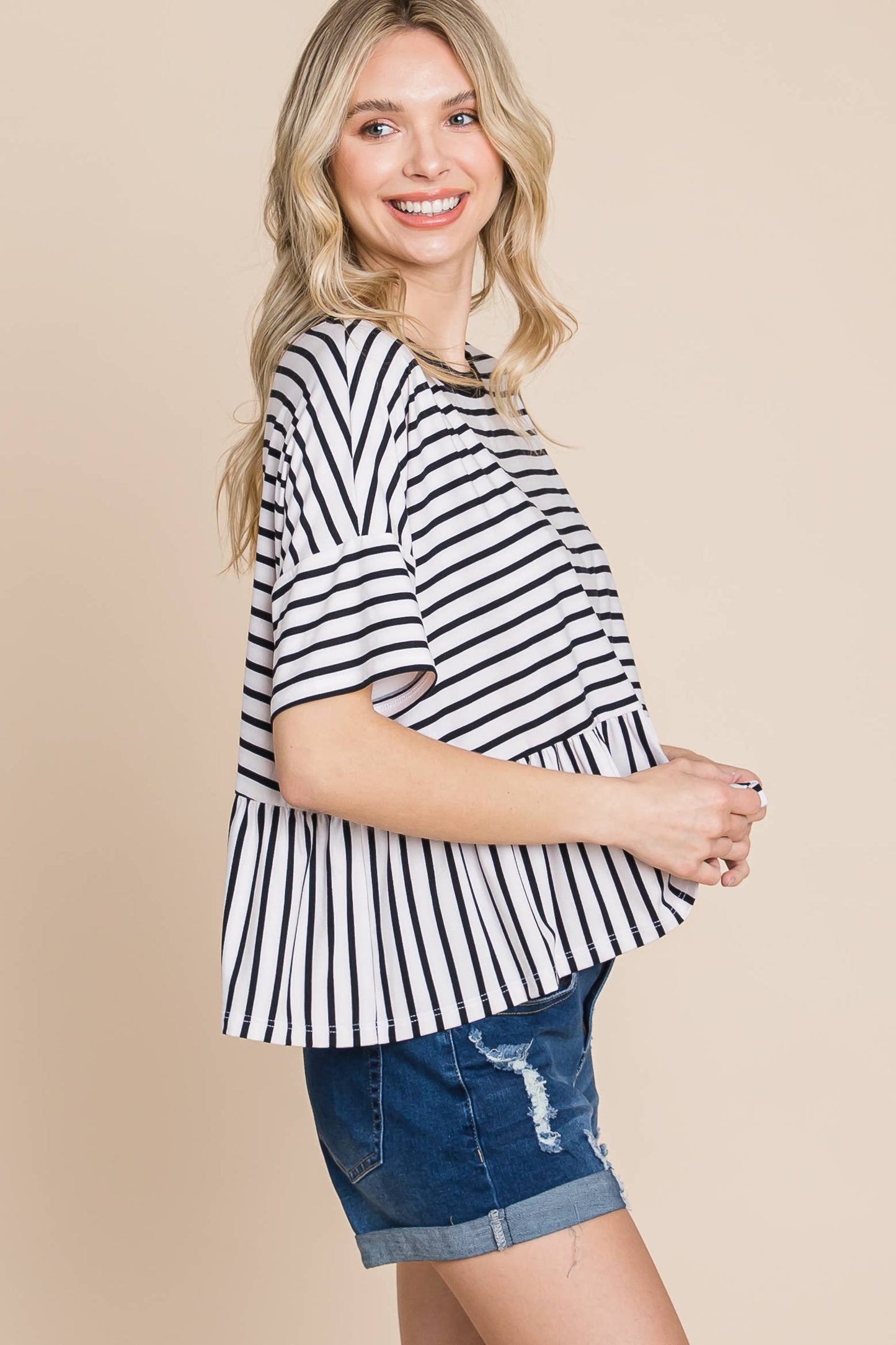 ETK-8772 Striped Babydoll Short Sleeve Top