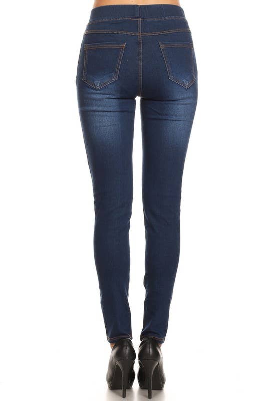 Solid color pre washed pull on denim skinny pull on jeggings