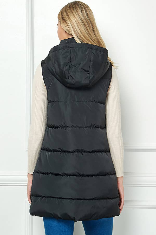 Longline Quilted Puffer Vest with Attached Hood