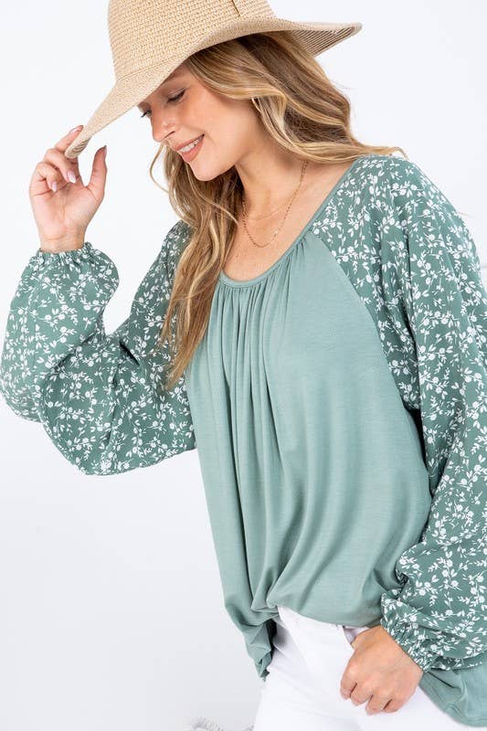 Solid and Woven Mixed Ruffle Top