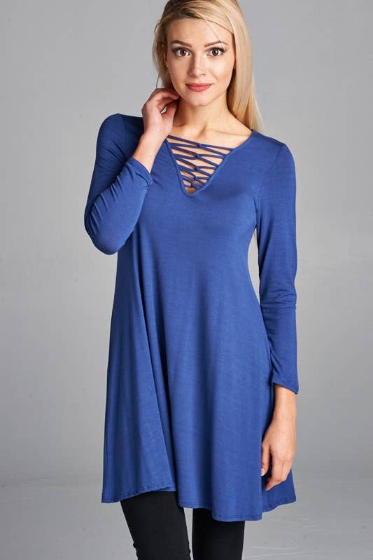 ETK-3905 Criss Cross Strappy Neckline Rayon Jersey Tunic