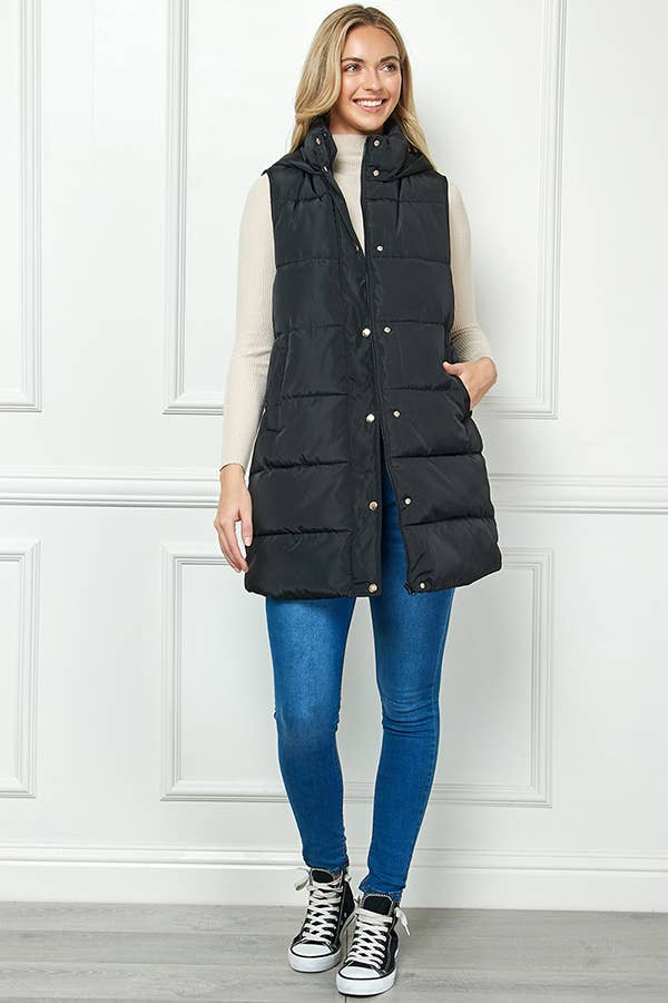 Longline Quilted Puffer Vest with Attached Hood