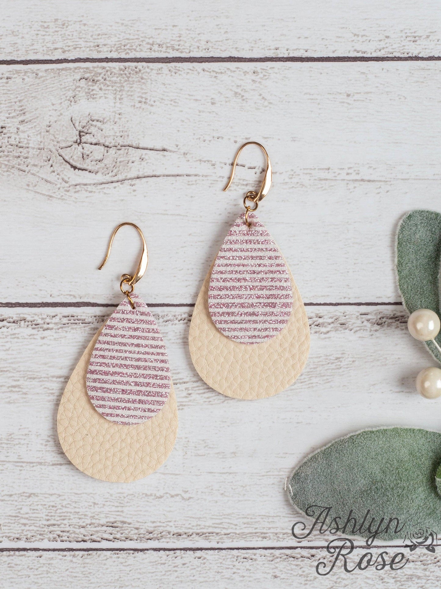 Glitter Stripe Double Teardrop Earring On Cream, Pink