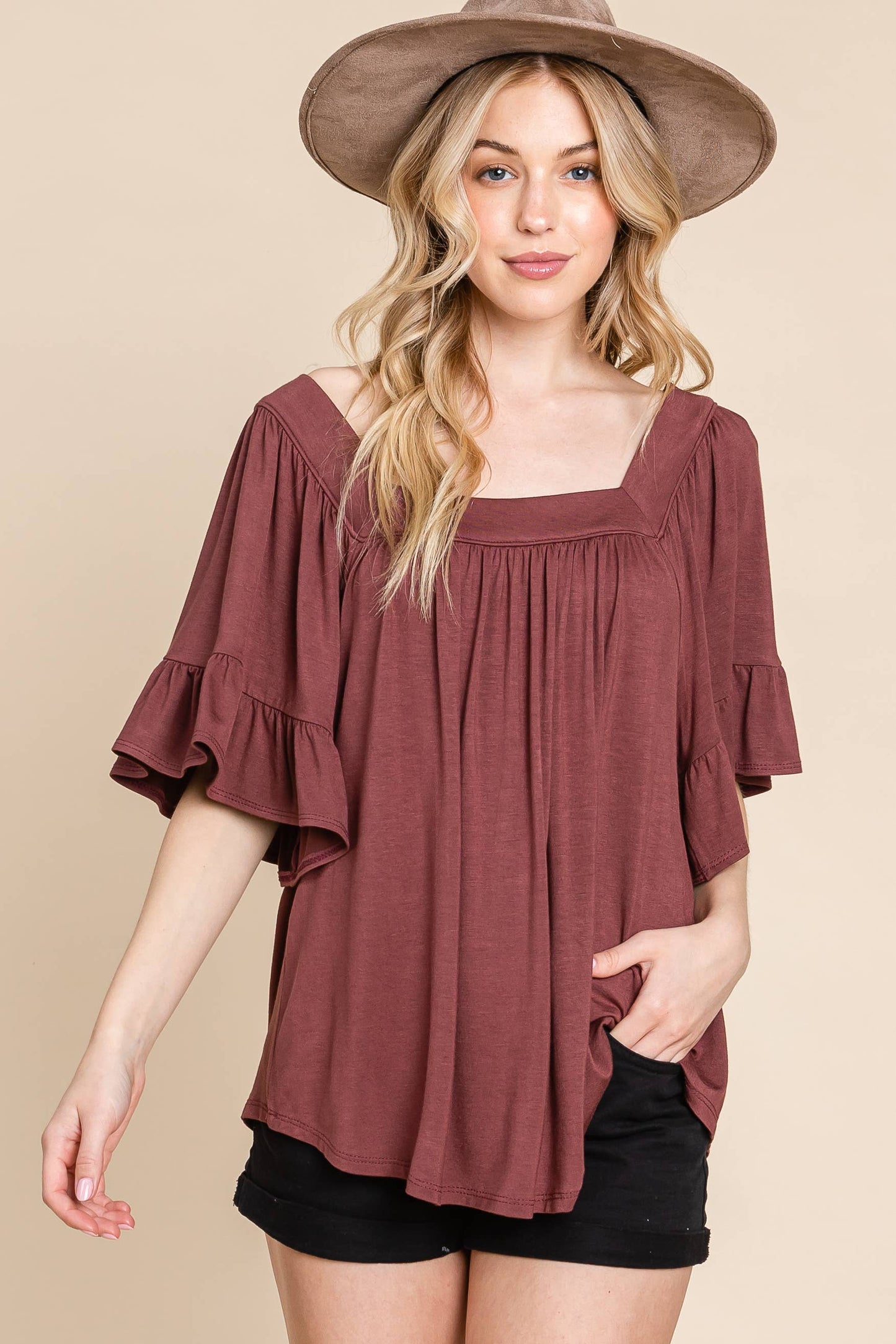 ETK-8833 Solid Bell Sleeve Jersey Top