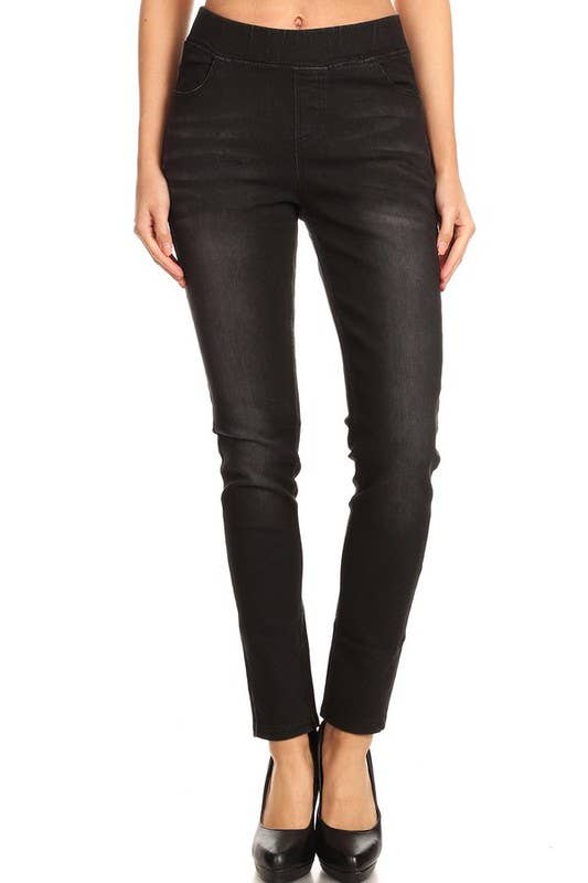 Solid color pre washed pull on denim skinny pull on jeggings