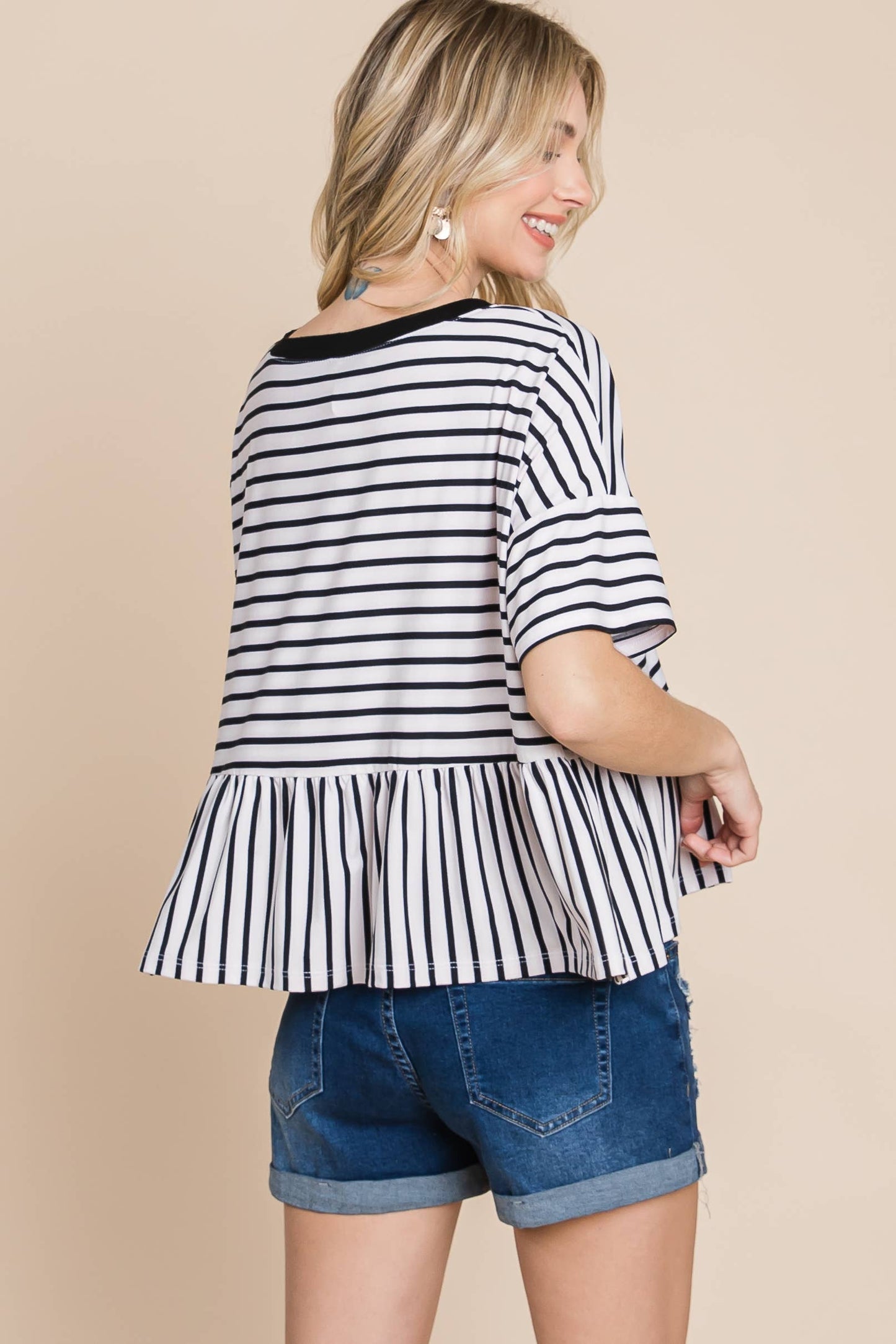 ETK-8772 Striped Babydoll Short Sleeve Top
