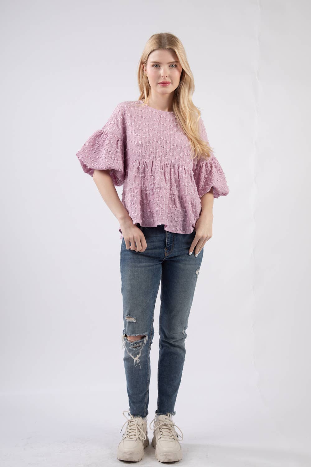 Crinkle Pom Pom Knit Puff Sleeve Babydoll Top
