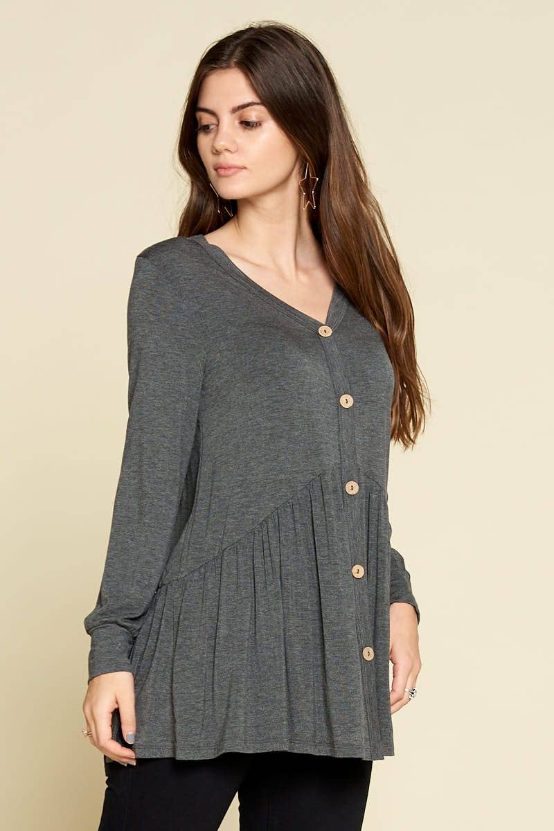 ETK-7849 Solid Modal Jersey Faux Button Up Top