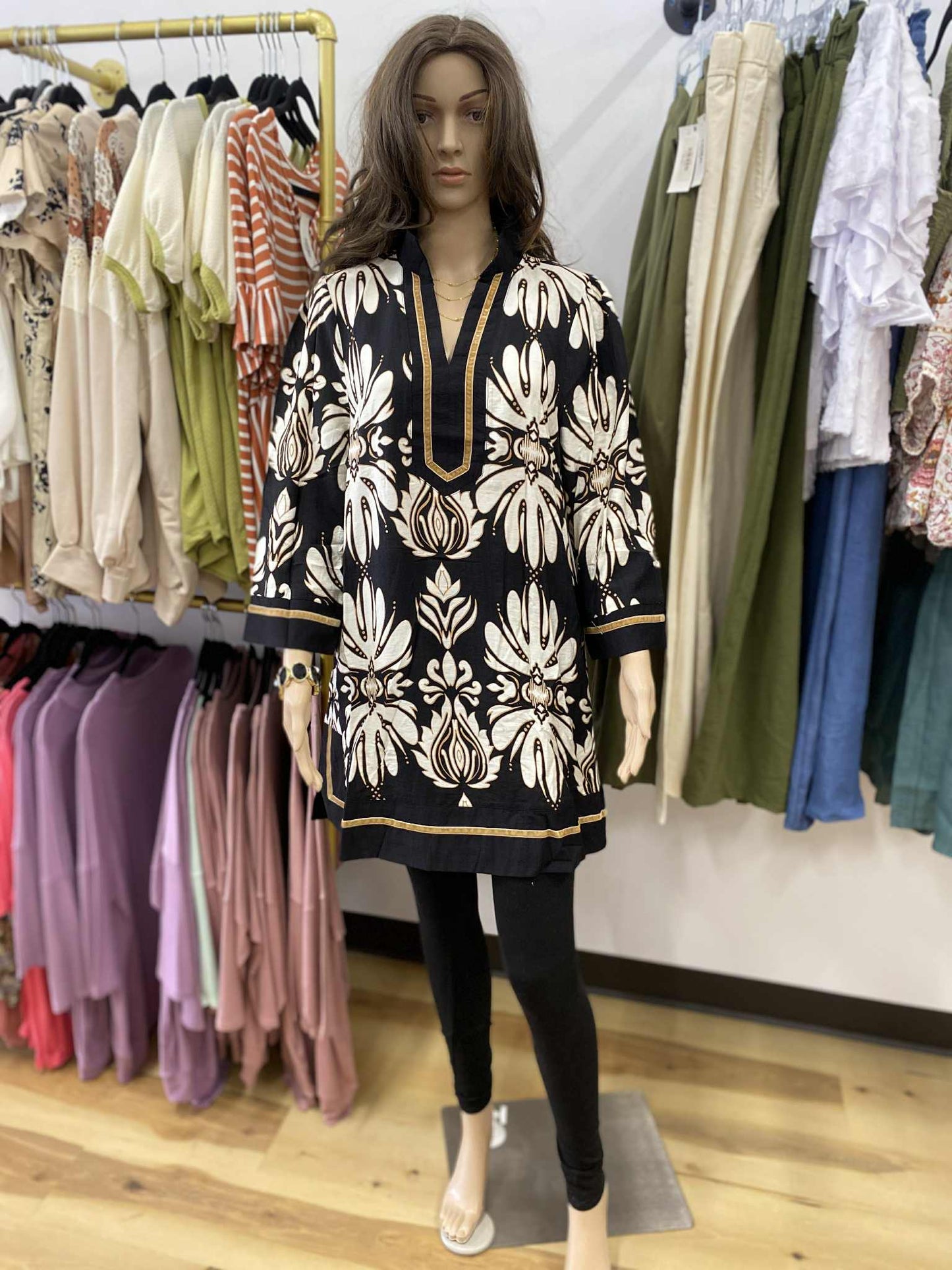 UMGEE - Baroque Floral Tunic Top with Gold Trim