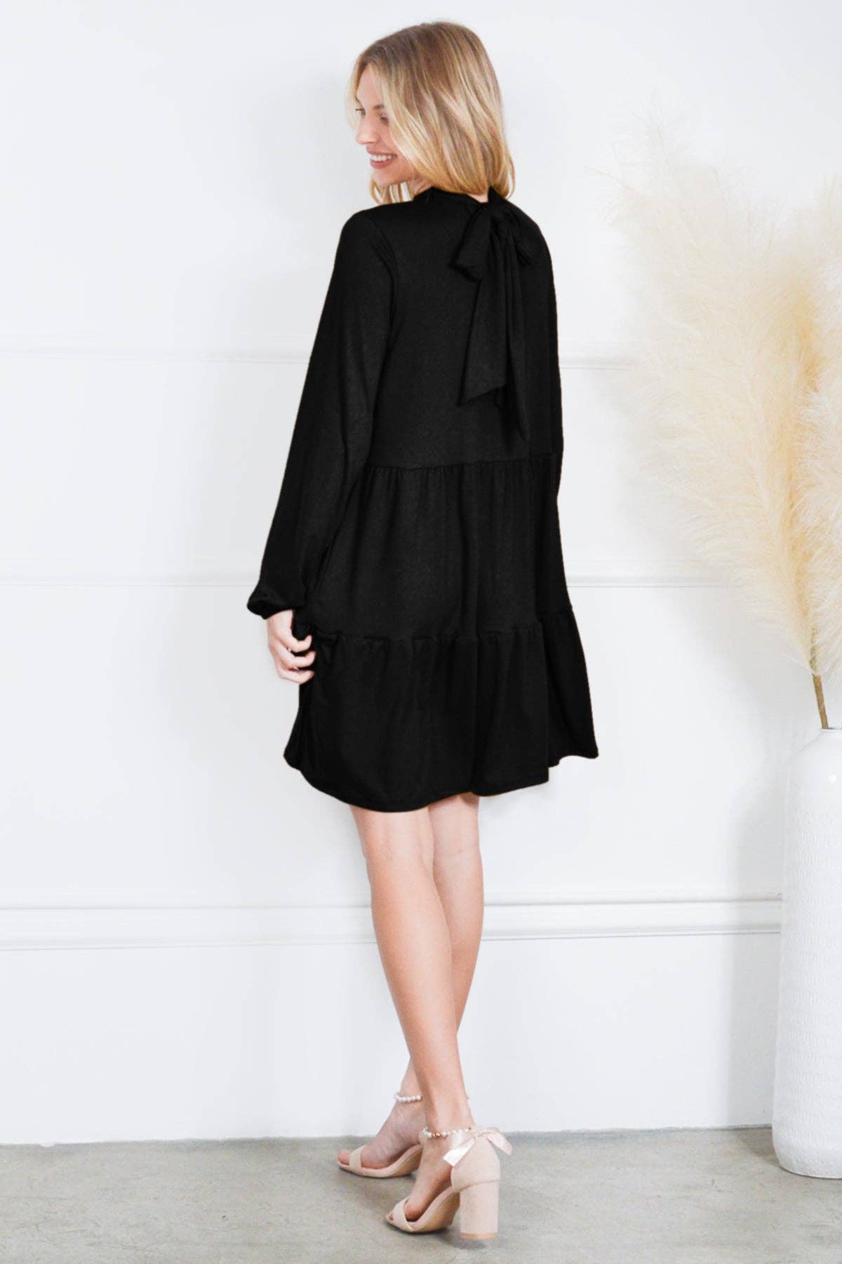 Cute Bow Back Tie Neck Tiered Pocket Dress Soft Jersey