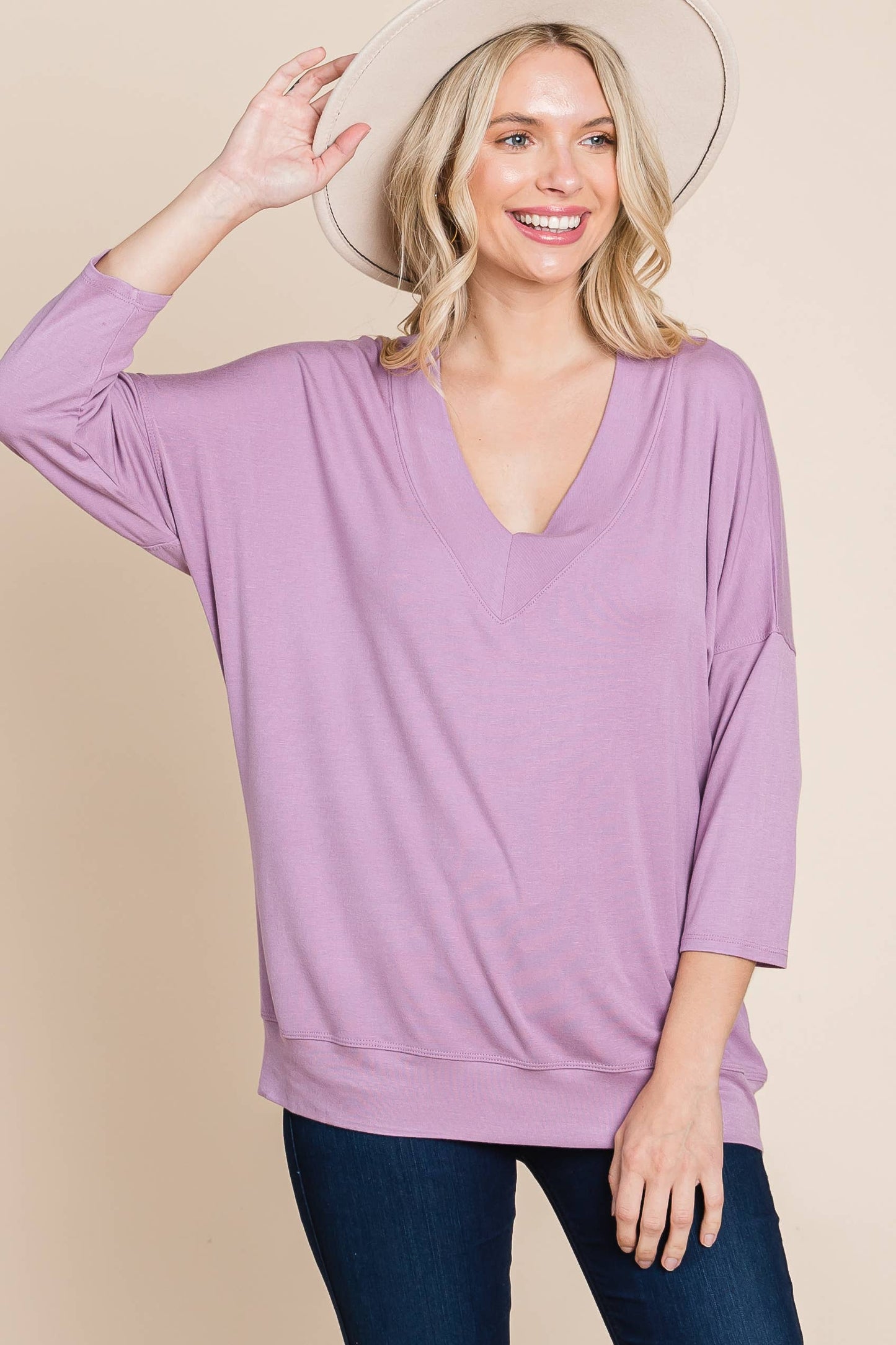 ETK-8674 Casual Basic Solid V Neck Top