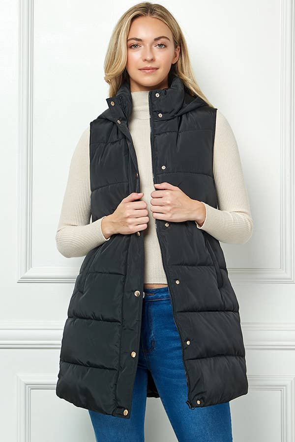 Longline Quilted Puffer Vest with Attached Hood