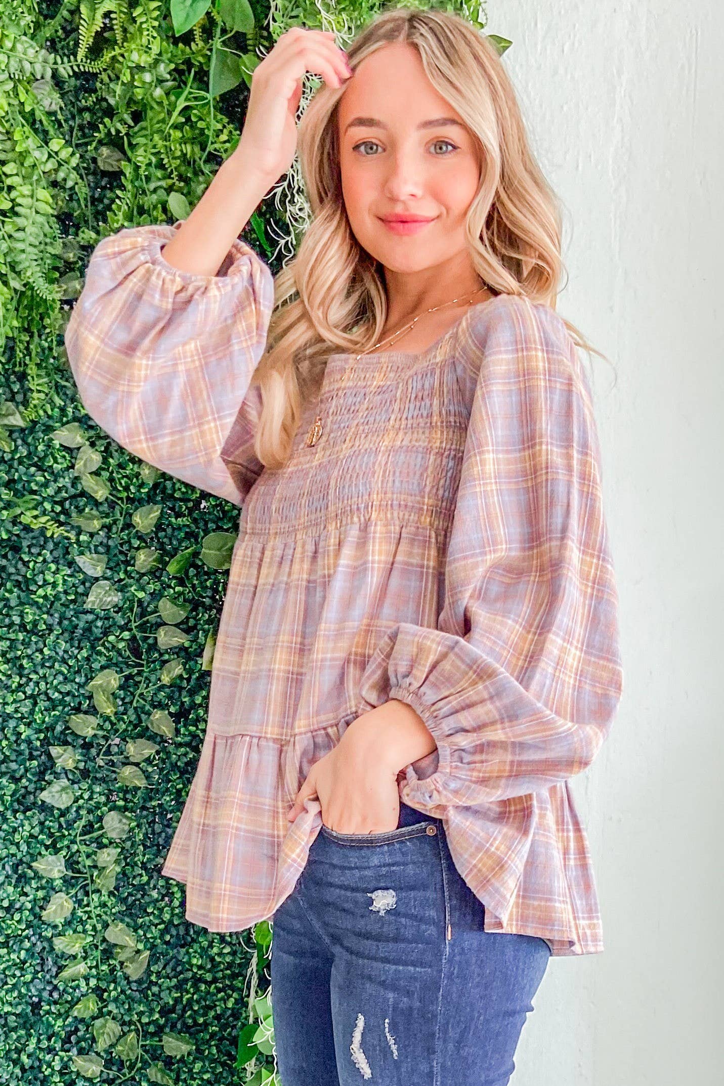 ATW14652 - Plaid Print Smocked Baby Doll Top