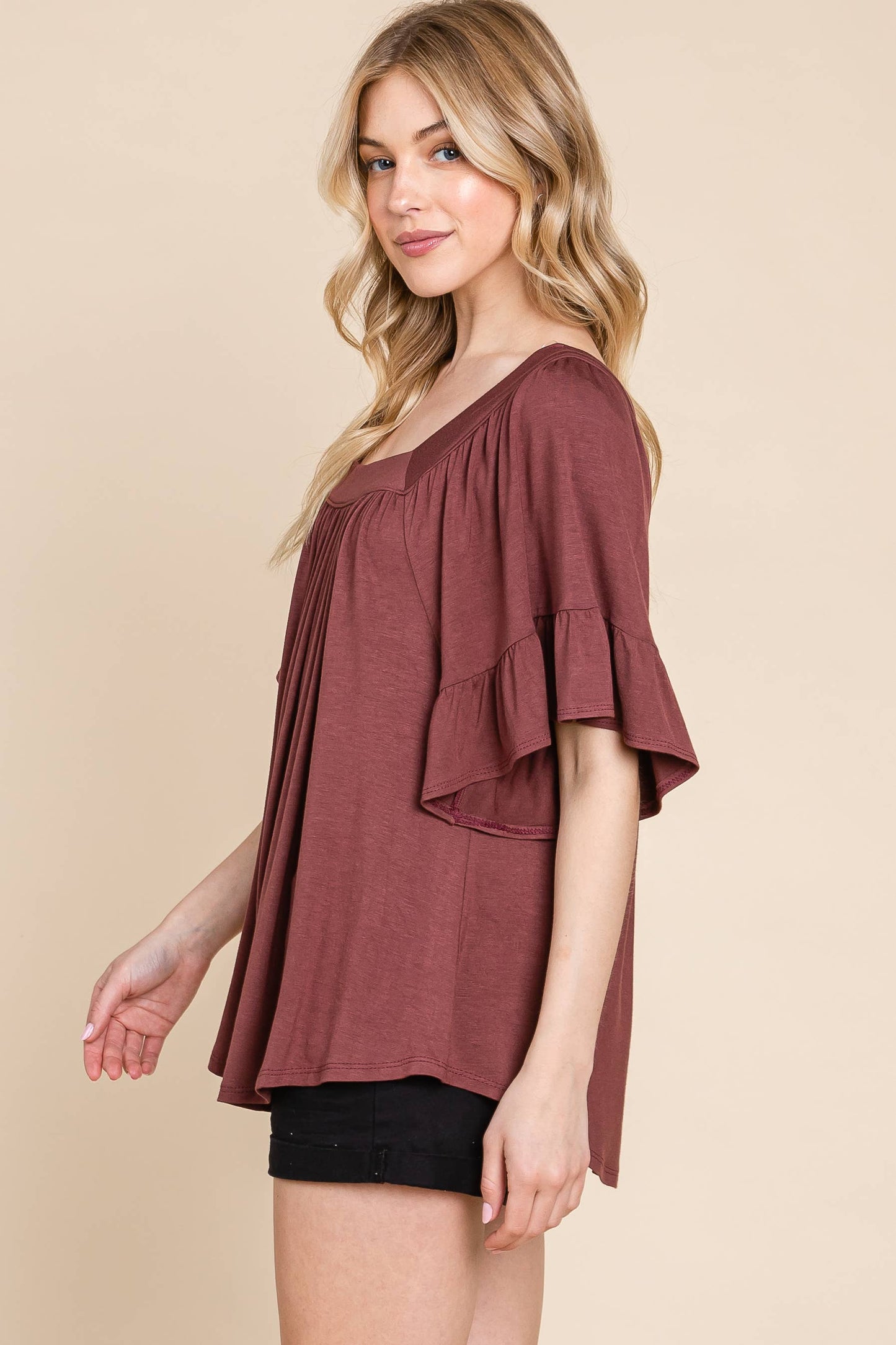 ETK-8833 Solid Bell Sleeve Jersey Top