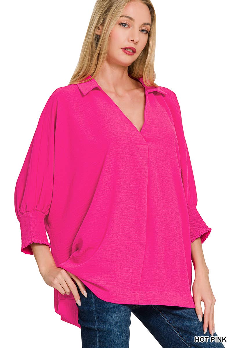 Air Flow Collar Tee With Smocked Sleeve Band Top