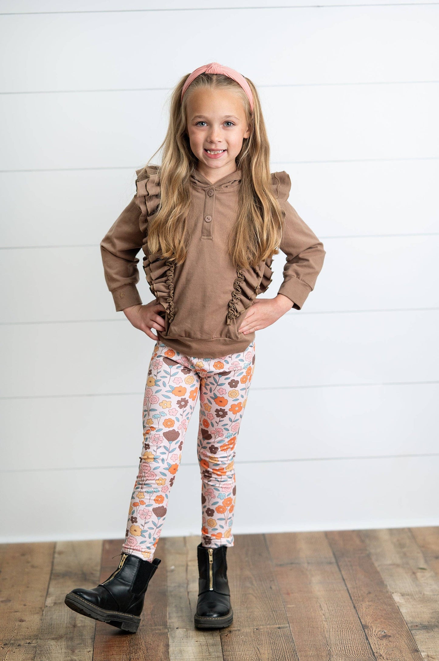Kids Chocolate Ruffle Hoodie & Floral Pant Set