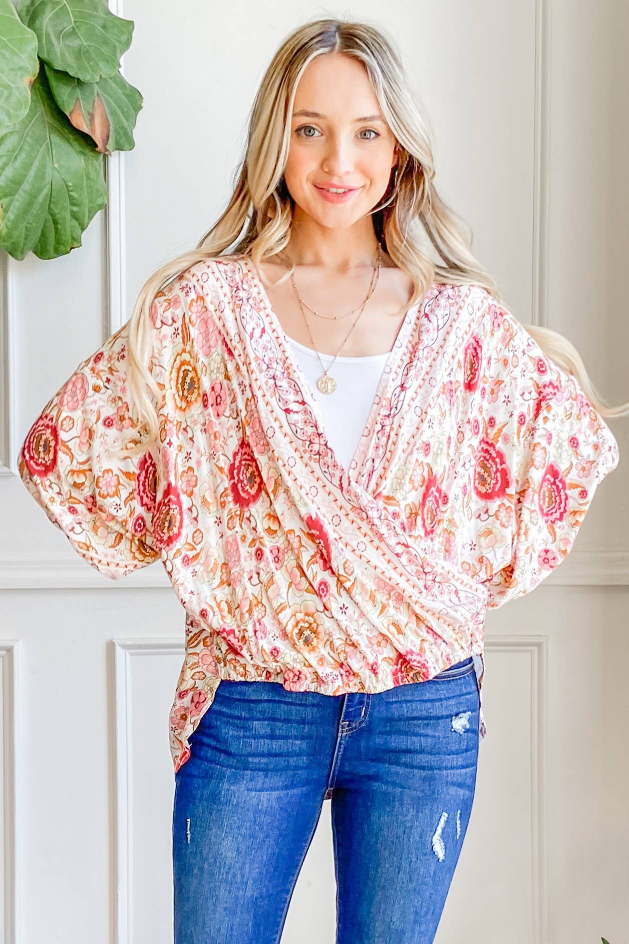 ATW13094 - Overlap Unbalance Floral Print Wrap Top