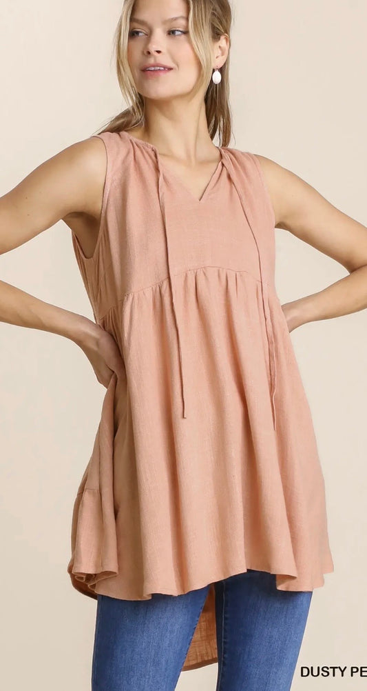 UMGEE Linen Blend Sleeveless Tiered Tunic Top