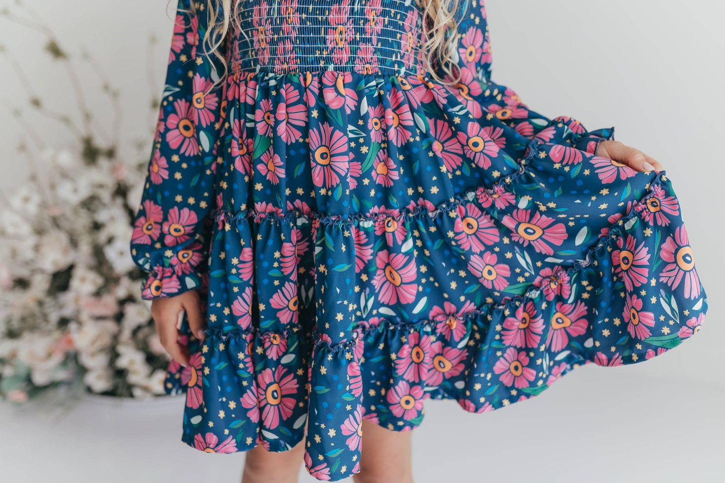 Girls Grace Blue & Pink Flower 3 Tiered Smocked Dress