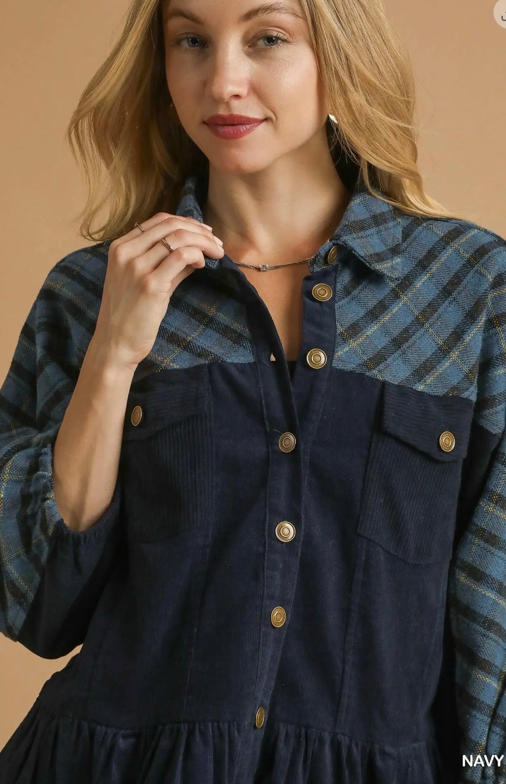Plaid Contrast Corduroy Button Down Shacket