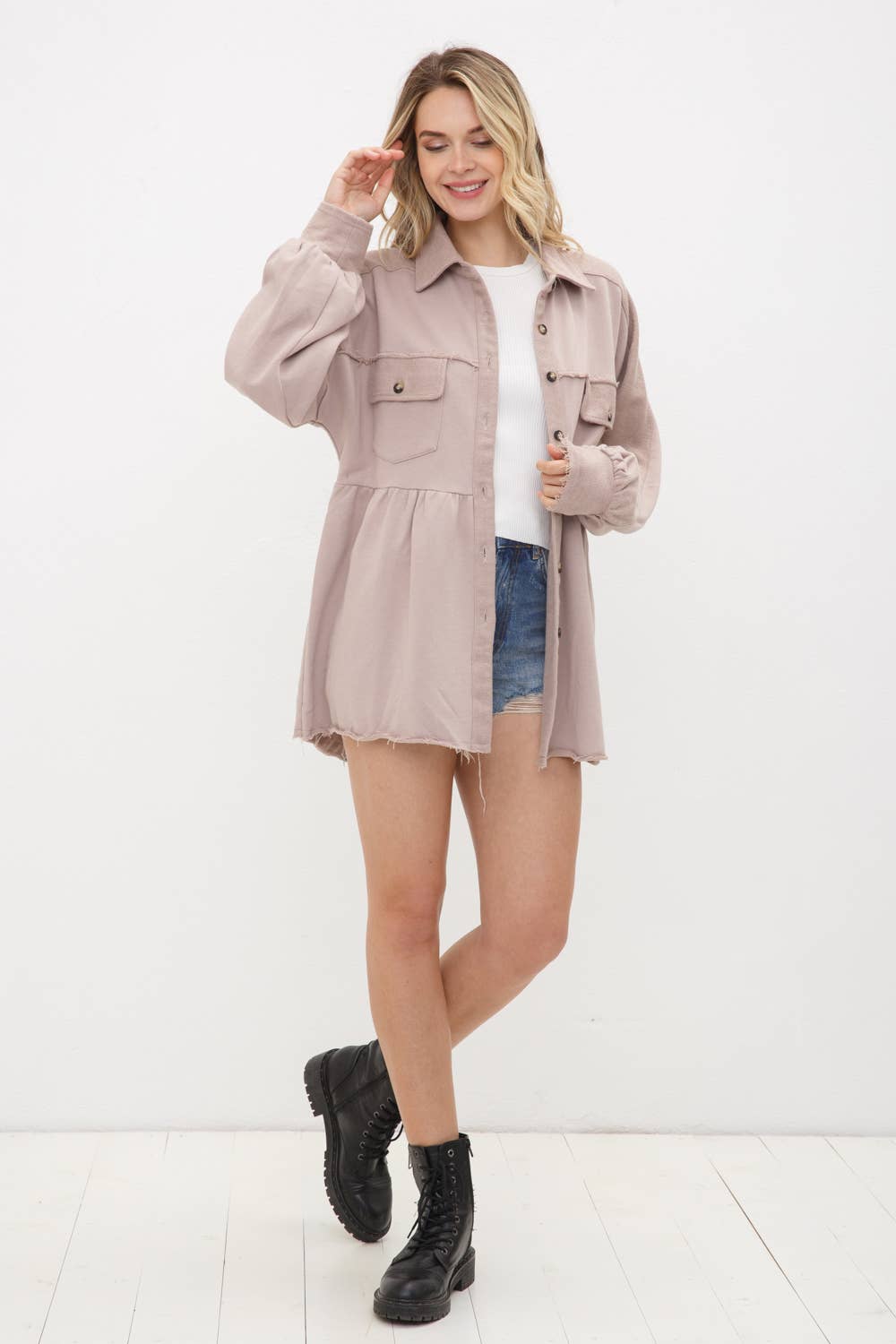 Washed French Terry Mix Frayed Detail Peplum Jacket