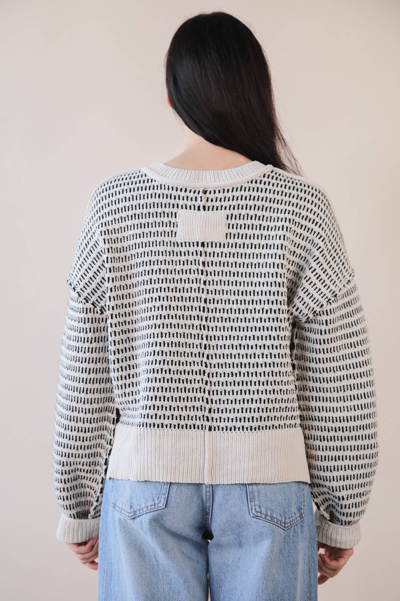Black/Cream Two Tone Textured Knit Casual Sweater Top