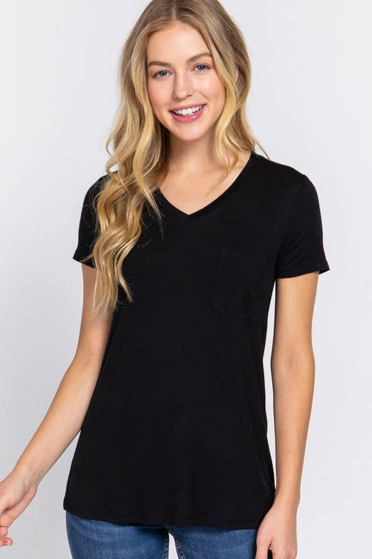 Short Sleeve V-neck Top with Pocket
