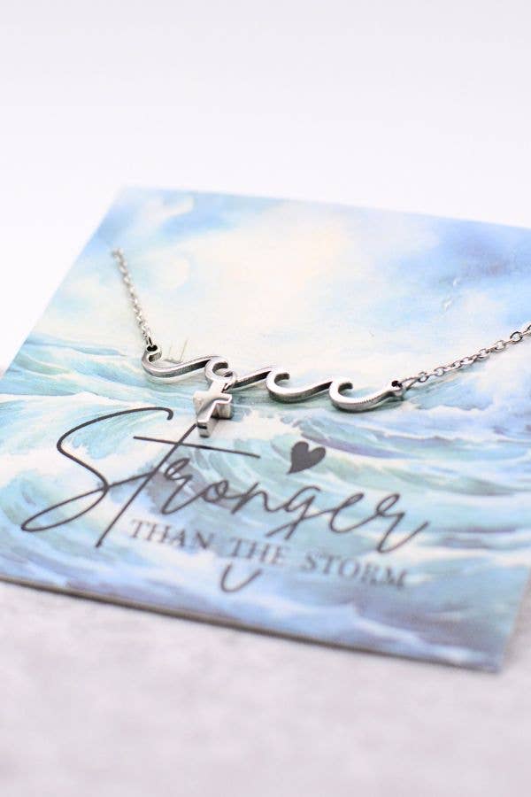 Scripture Faith Necklace, Stronger Than the Storm Wave Cross
