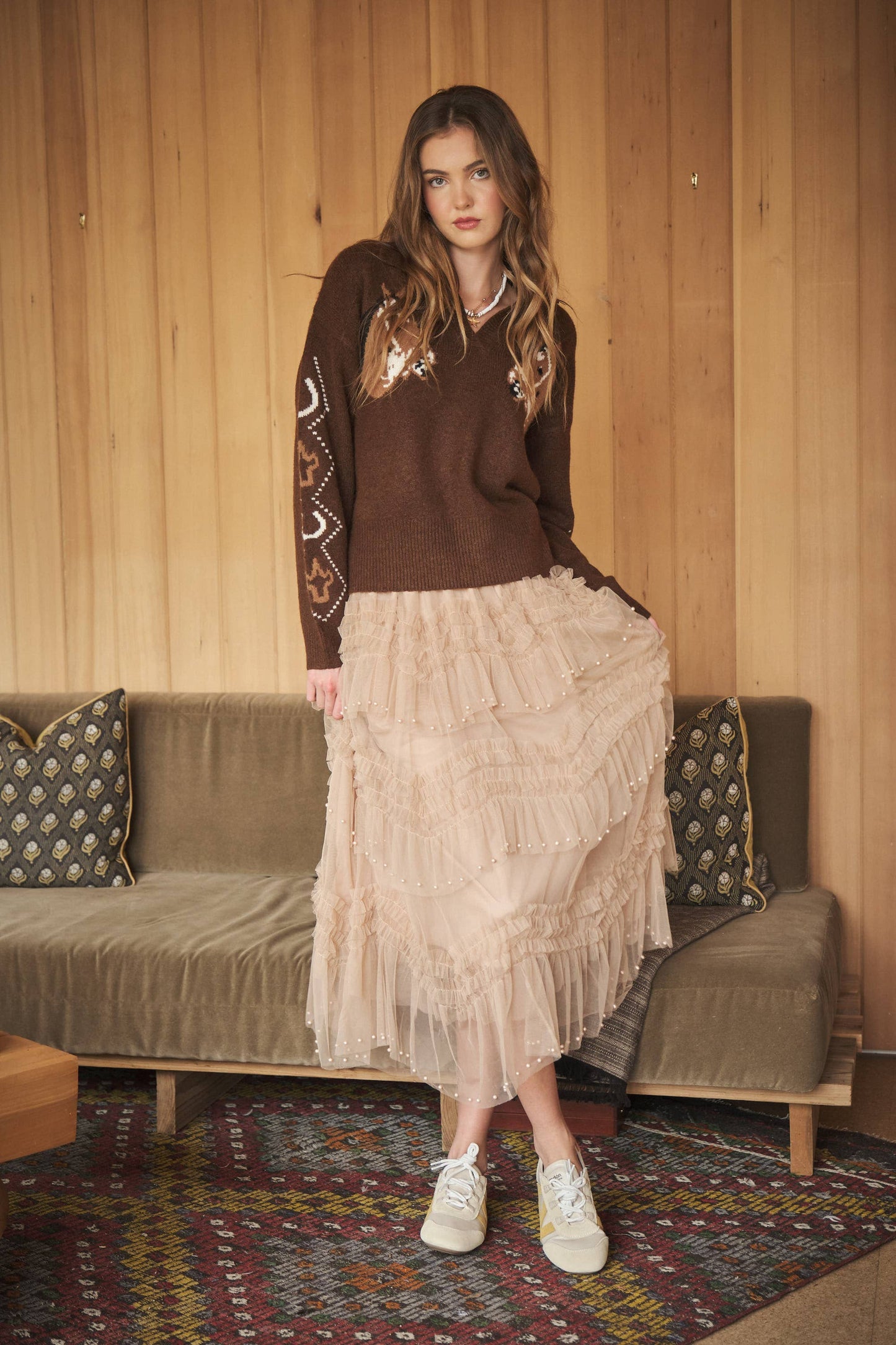 Tiered Ruffle Tulle Skirt With Pearls