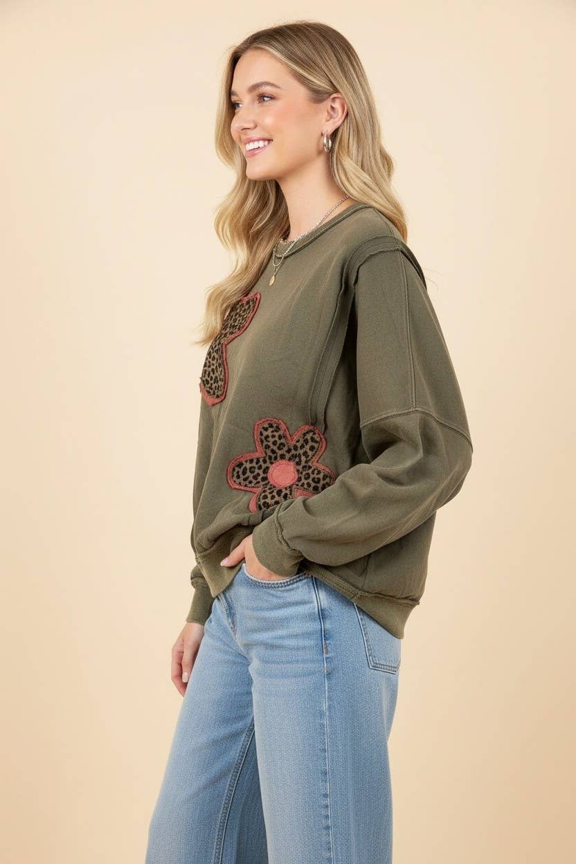 HT20223 Leopard Flower Patch Oversized Sweatshirt
