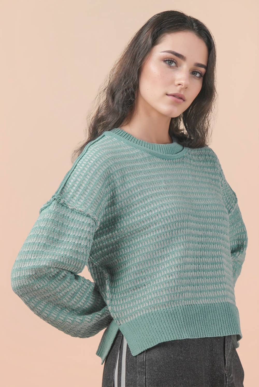 Two Tone Textured Knit Casual Sweater Top
