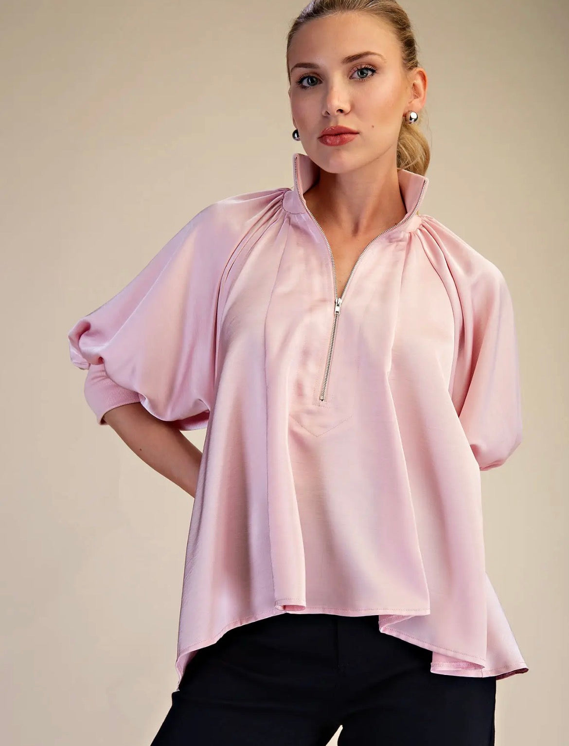 Mock Neck Puff Band Sleeve