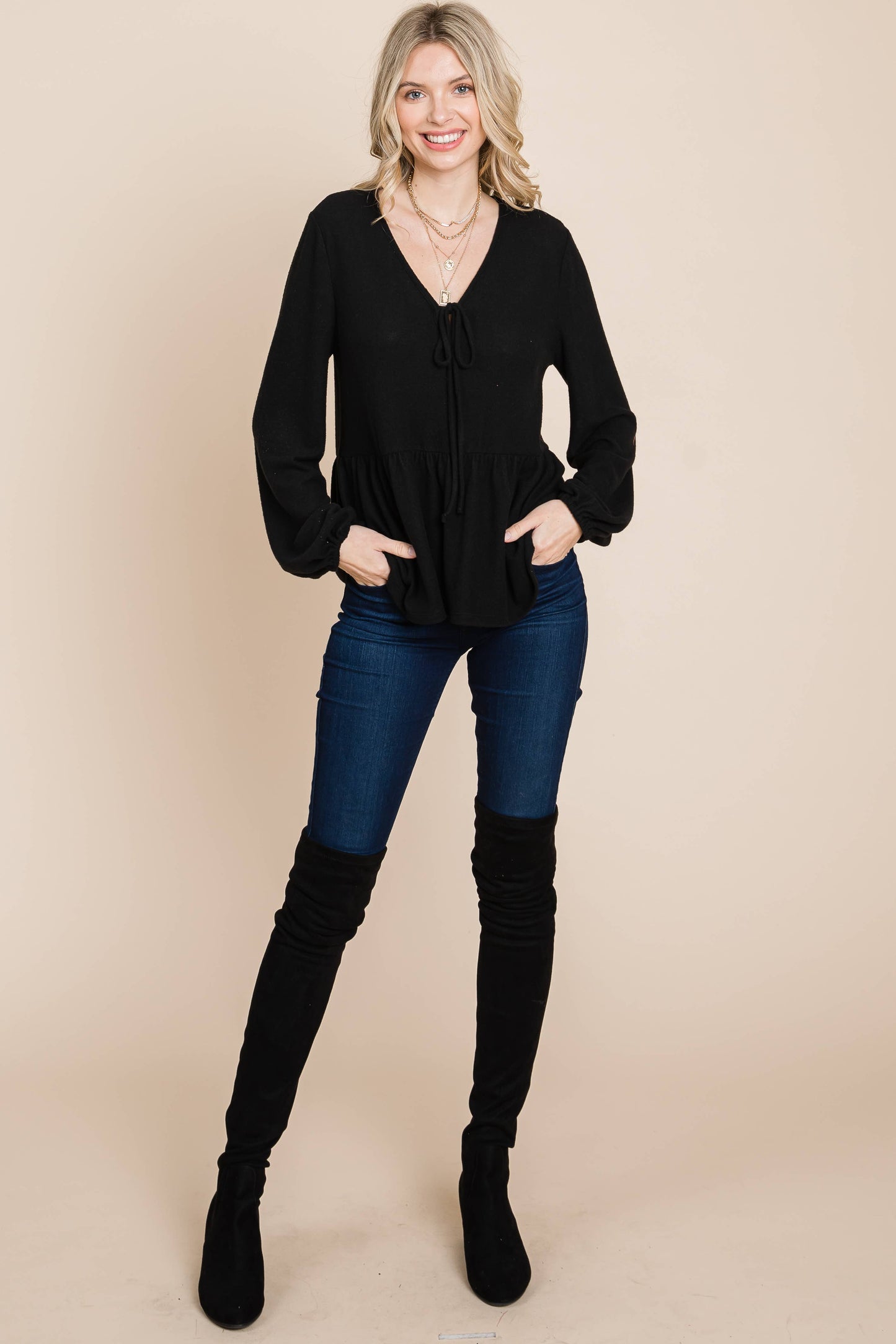 Solid Hacci Brush Babydoll Top