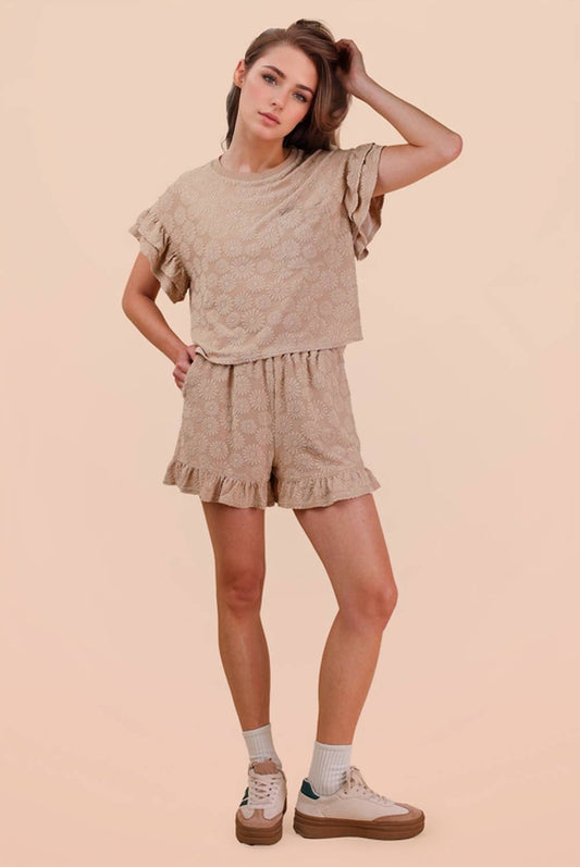 Floral Textured Ruffled Knit Top & Shorts Set