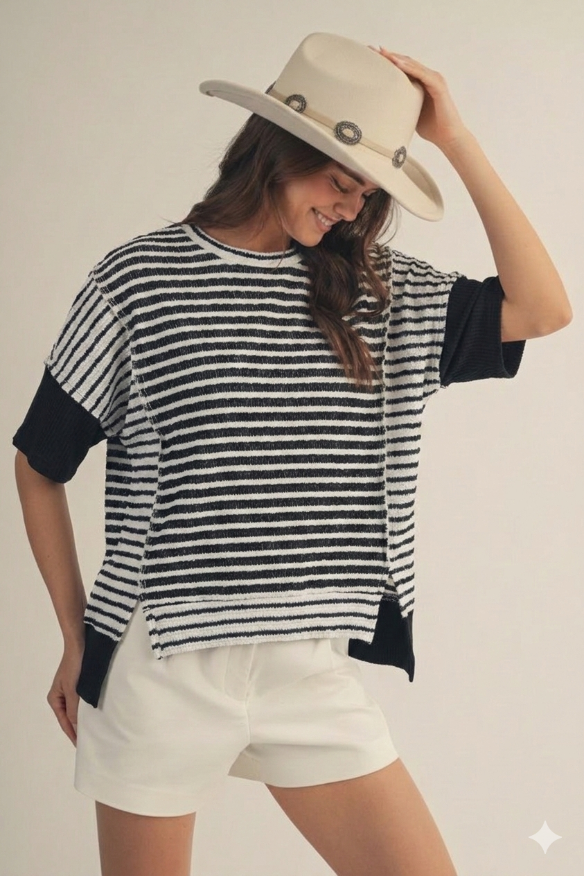 Women's Stripe Color Block Rib Knit Relaxed Top