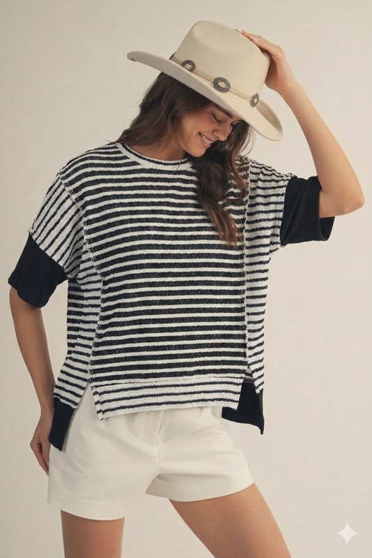 Women's Stripe Color Block Rib Knit Relaxed Top
