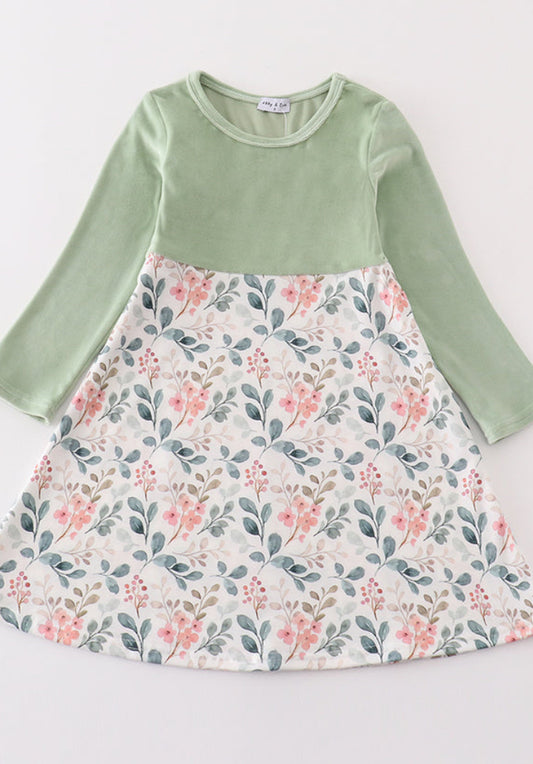 Green Floral Velvet Dress