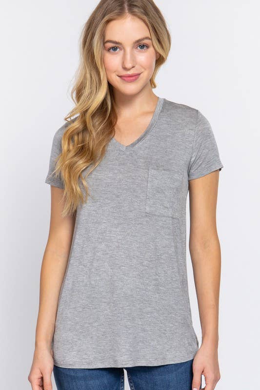 Short Sleeve V-neck Top with Pocket