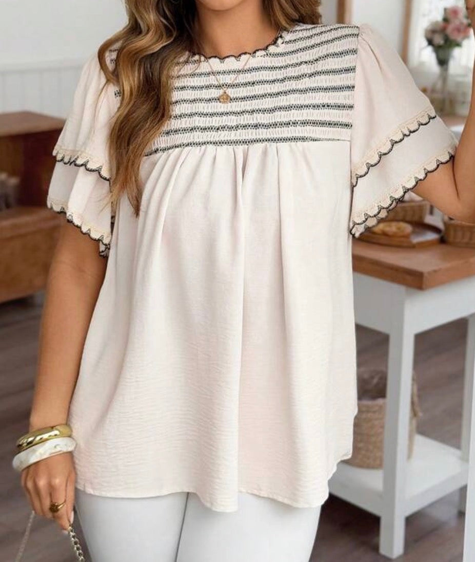 Ruffle Trim Flutter Sleeve Top
