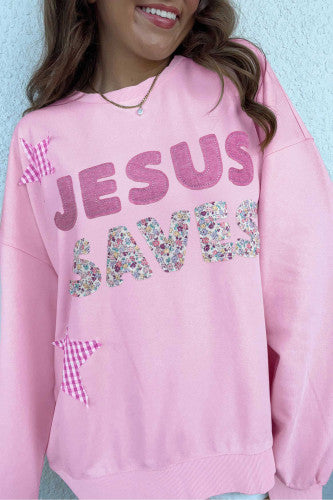 JESUS SAVES PATCHWORK CREW NECK SWEATSHIRT