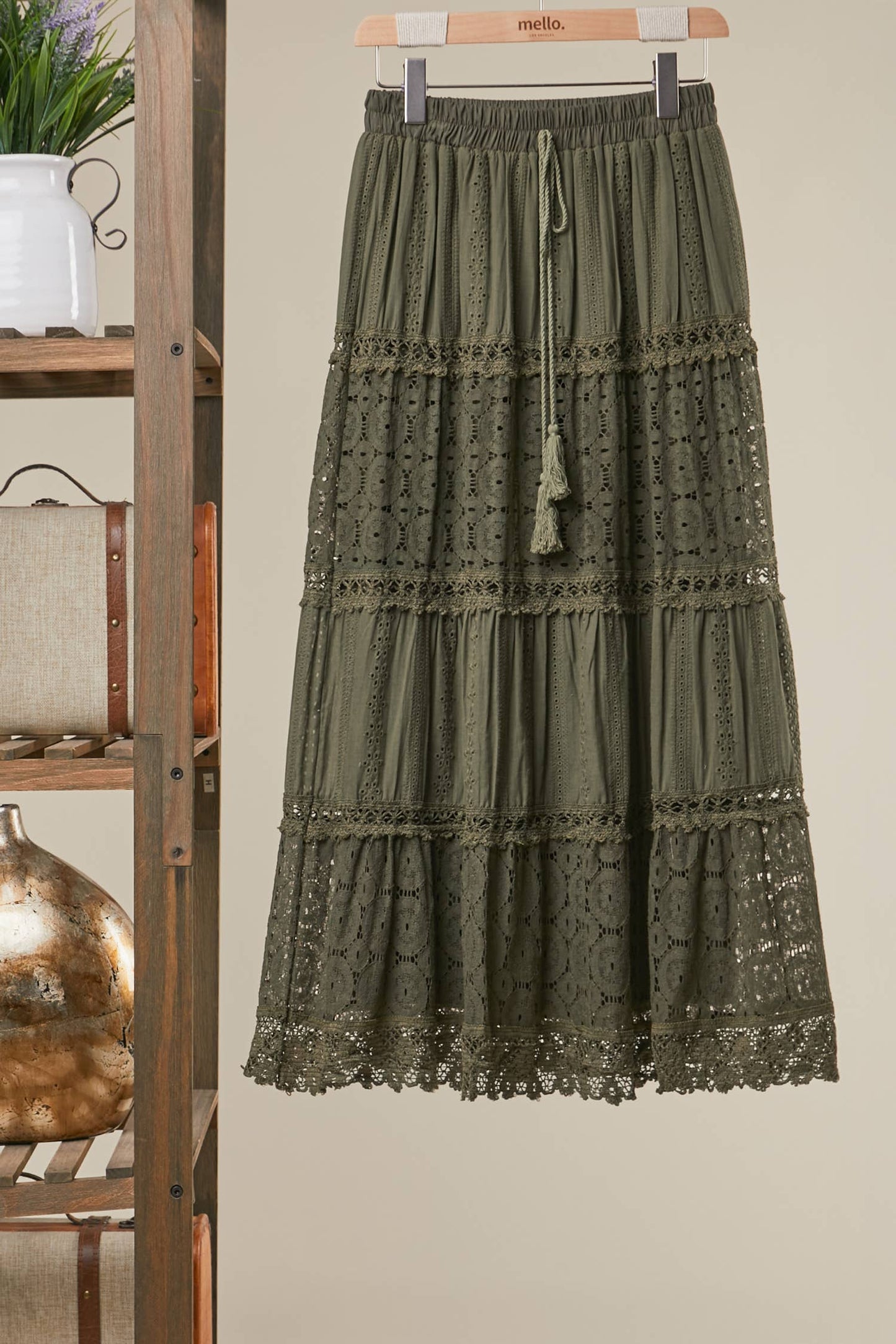 Elastic Waist Maxi Skirt with Lace Trim